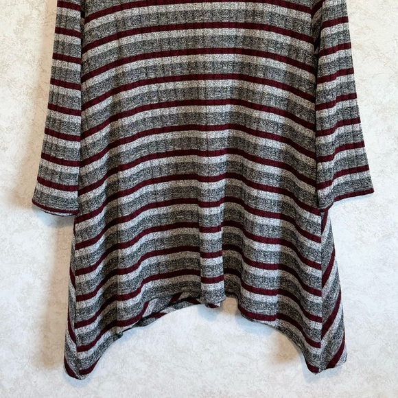 Ruby Rd Stripe Maroon Silver Metalic Thread Tunic Blouse XL SharkBite Hem Large - Picture 4 of 16